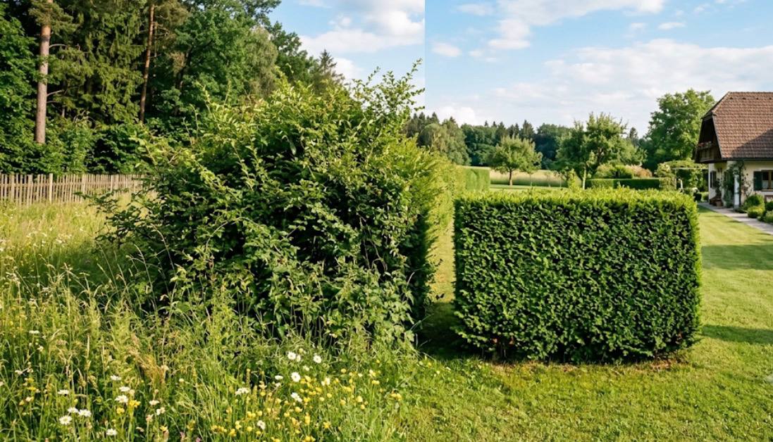 Vorher-Nachher einer präzise geschnittenen Heckenanlage